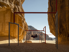 One Two Three Swing! Al Ula 2020, commissioned by Desert X. One Two Three Swing! by SUPERFLEX, originally conceived for Hyundai Commission 2017, Tate Modern Turbine Hall. Developed in close collaboration with KWY.studio and Nupergo.