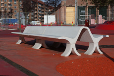 Superkilen, 2012. Urban park in Copenhagen. Bench from Salvador, Brazil. Red Square. Commissioned by City of Copenhagen and RealDania. Developed in close collaboration with Bjarke Ingels Group (BIG) and Topotek1.