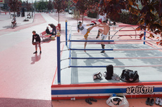 Superkilen, 2012. Urban park in Copenhagen. Thai boxing, Red Square. Commissioned by City of Copenhagen and RealDania. Developed in close collaboration with Bjarke Ingels Group (BIG) and Topotek1.